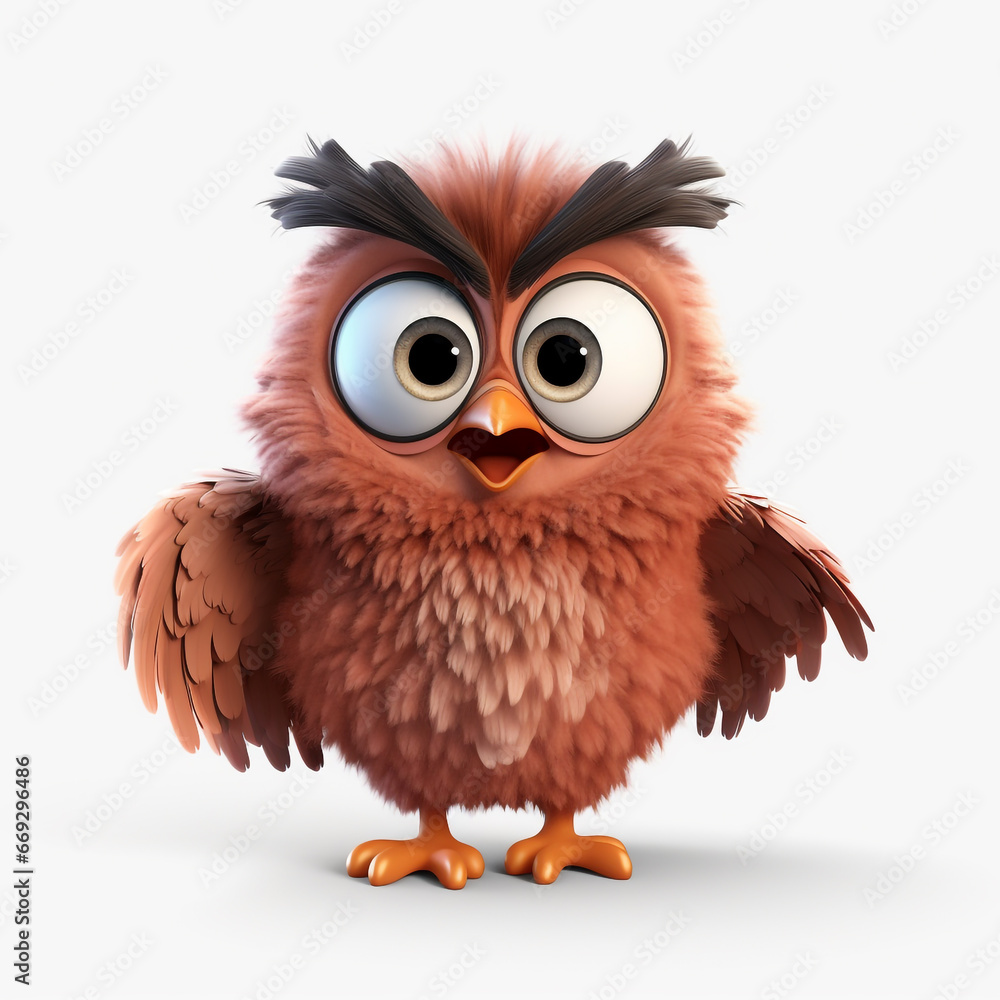 Fototapeta premium 3D cartoon illustration of an owl with a happy face. Isolated on solid background.