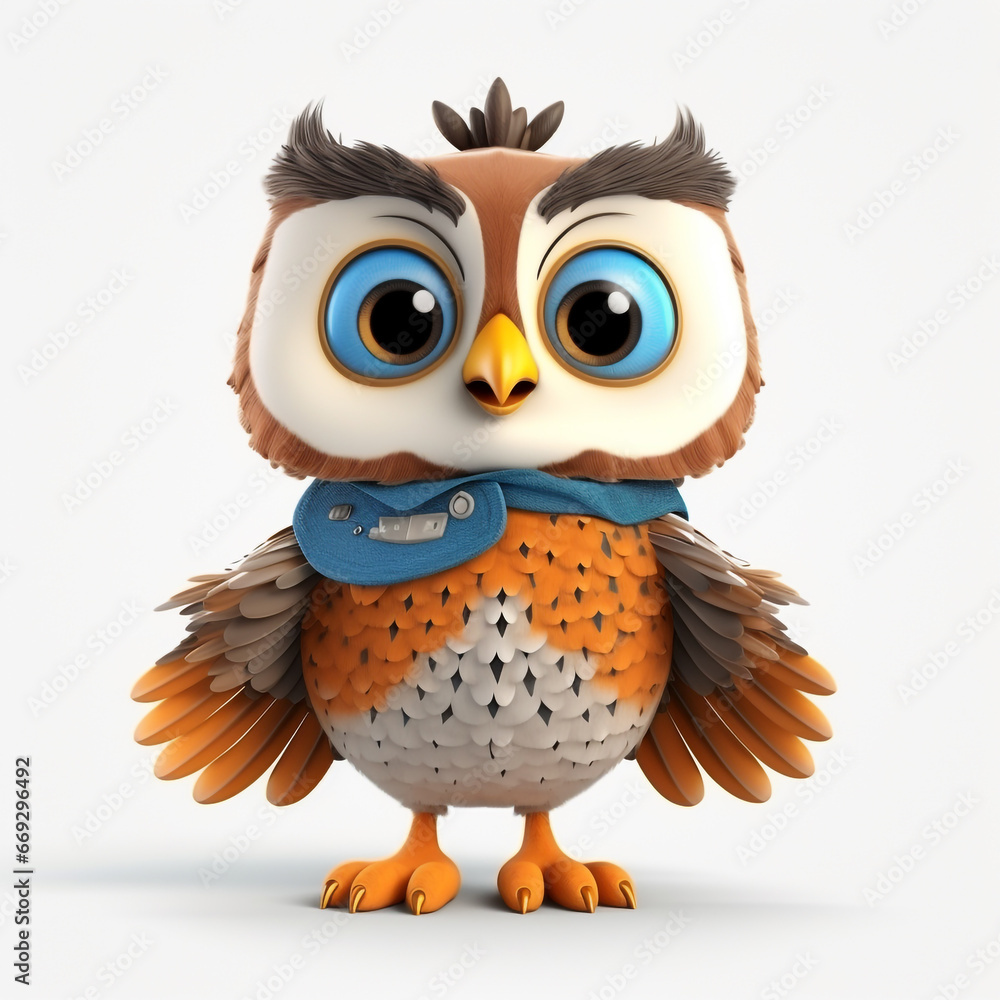 Fototapeta premium 3D cartoon illustration of an owl with a happy face. Isolated on solid background.