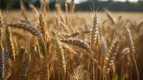 Ripe ear of wheat in cultivated field. Close up of wheat ears  field of wheat in a summer day. Harvesting period. Harvest concept. Agriculture concept.