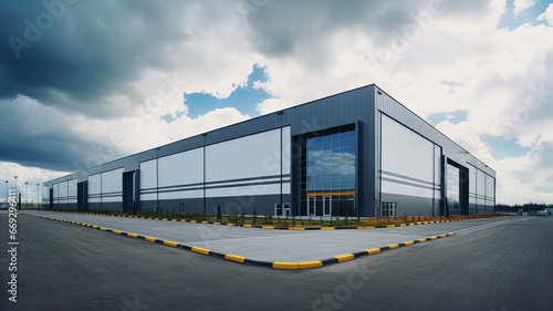 Modern logistics warehouse building structure on cloudy day. Generative AI photo
