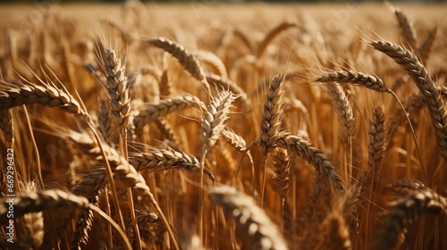 Ripe ear of wheat in cultivated field. Close up of wheat ears, field of wheat in a summer day. Harvesting period. Harvest concept. Agriculture concept.