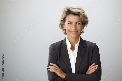 Mature business woman with confident smile & arms crossed, looking like a smart & competent senior manager or an entrepreneur, standing against a white background