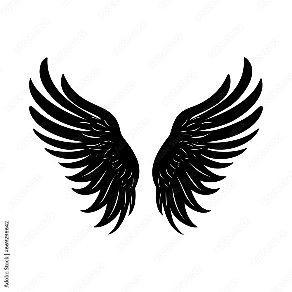 Obraz premium Angel wings, black silhouette. Simple black graphic. Vector illustration on a white isolated background