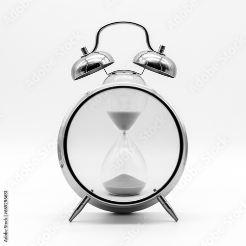 Reloj despertador de arena, concepto tiempo, aislado en blanco