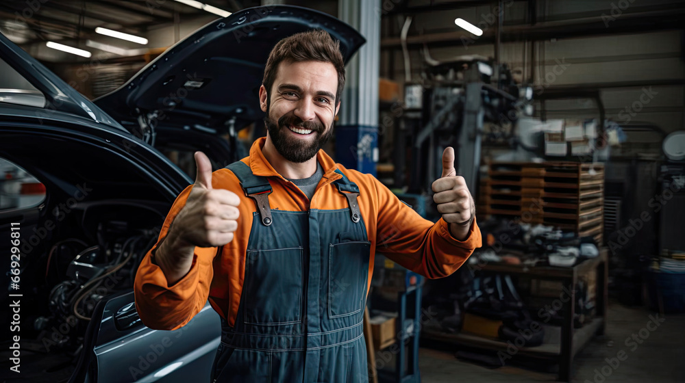 Young man in mechanic costume in auto repair shop