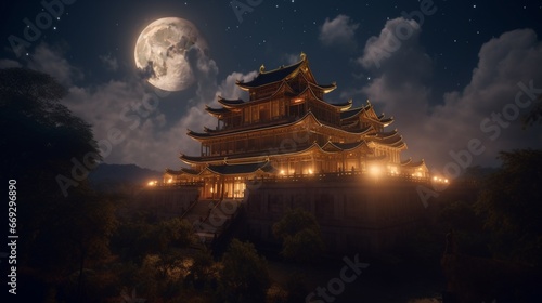 Majestic golden chinese palace rendering moon night photography picture AI generated art