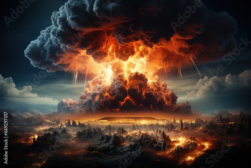 A photograph of an atomic bomb explosion from a historical perspective, highlighting the destructive power of atomic energy. Concept of nuclear weapons. Generative Ai.