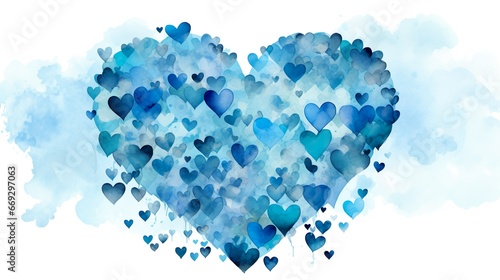 blue heart in the sky, hand painted, made of little hearts, watercolor illustration. photo