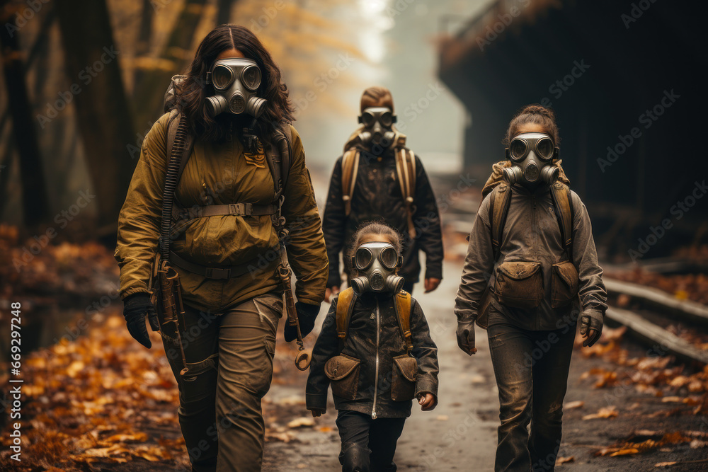 A family wearing gas masks while walking in a polluted park, highlighting the need for environmental protection and clean air. Generative Ai. A family wearing gas masks while walking in a polluted park, highlighting the need for environmental protection and clean air. Generative Ai.
