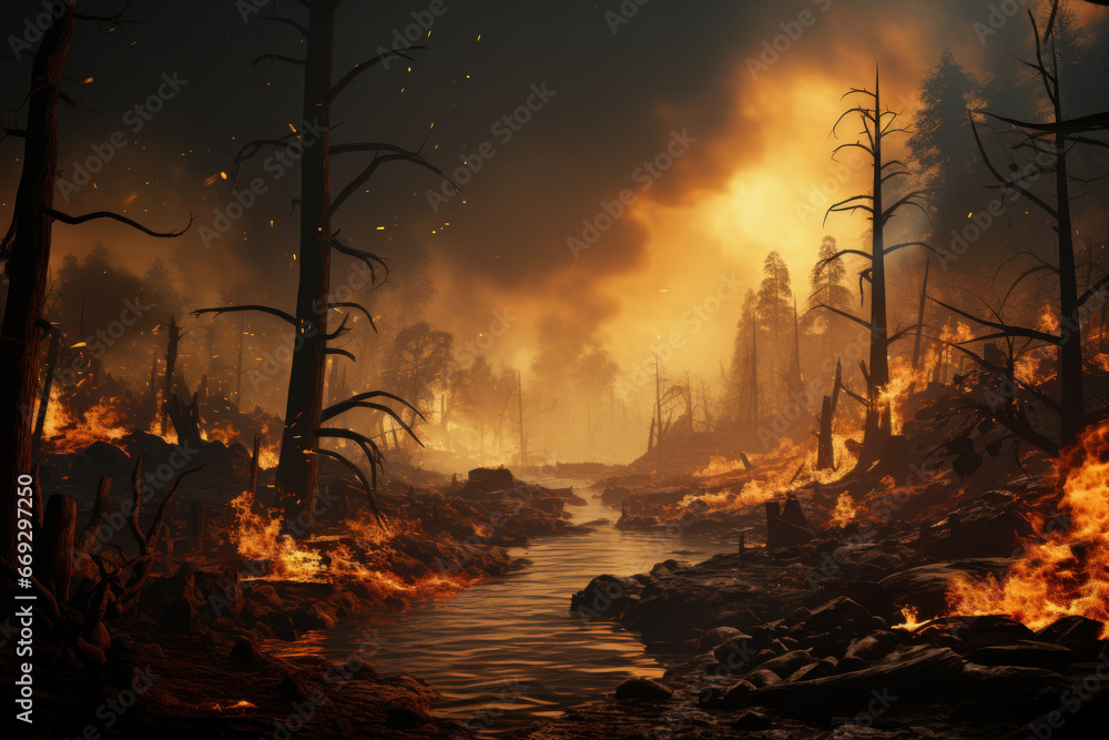 A beautiful forest transformed into a charred landscape after a forest fire, emphasizing the effects of air pollution from wildfires. Generative Ai. A beautiful forest transformed into a charred landscape after a forest fire, emphasizing the effects of air pollution from wildfires. Generative Ai.