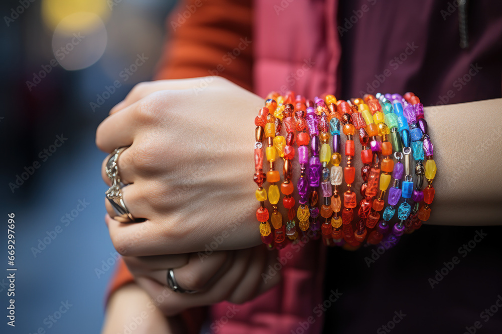 A close-up of hands with rainbow-colored bracelets, signifying the LGBTQ+ community's unity and solidarity. Generative Ai.