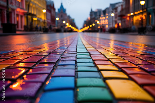 A rainbow crosswalk in a city, symbolizing LGBTQ+ acceptance and inclusion. Generative Ai.