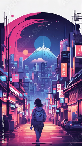 China town street cityscape art ,landscape view of a buildings neon lights and details 