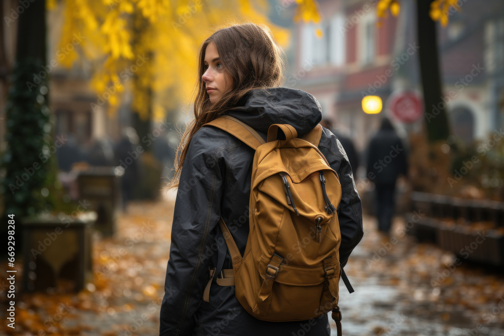 A girl with a backpack heading to school, illustrating access to quality education for all. Generative Ai. A girl with a backpack heading to school, illustrating access to quality education for all. Generative Ai.