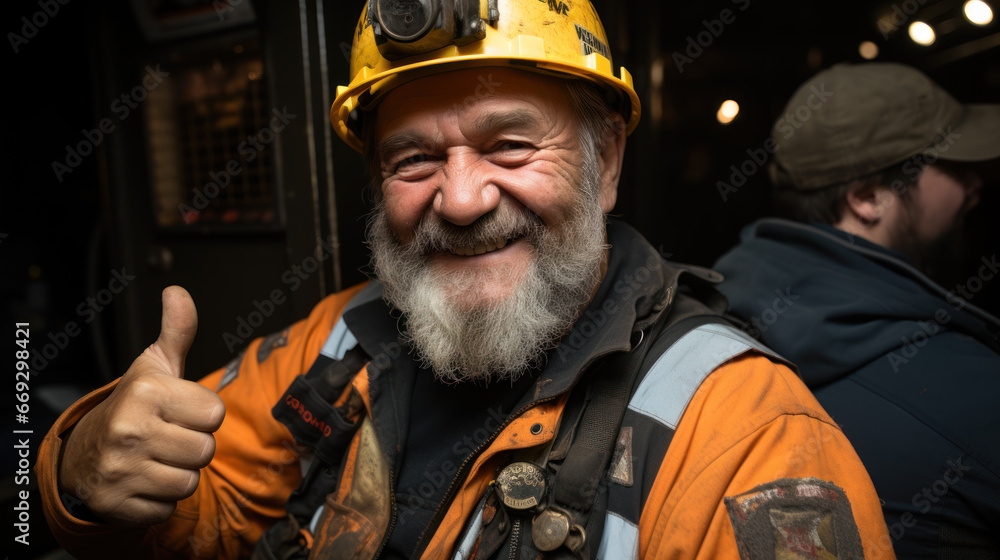 Joyful miner with thumbs up in safety gear Joyful miner with thumbs up in safety gear
