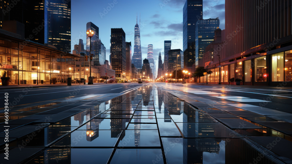 Naklejka premium Urban Dawn: City Street Reflections