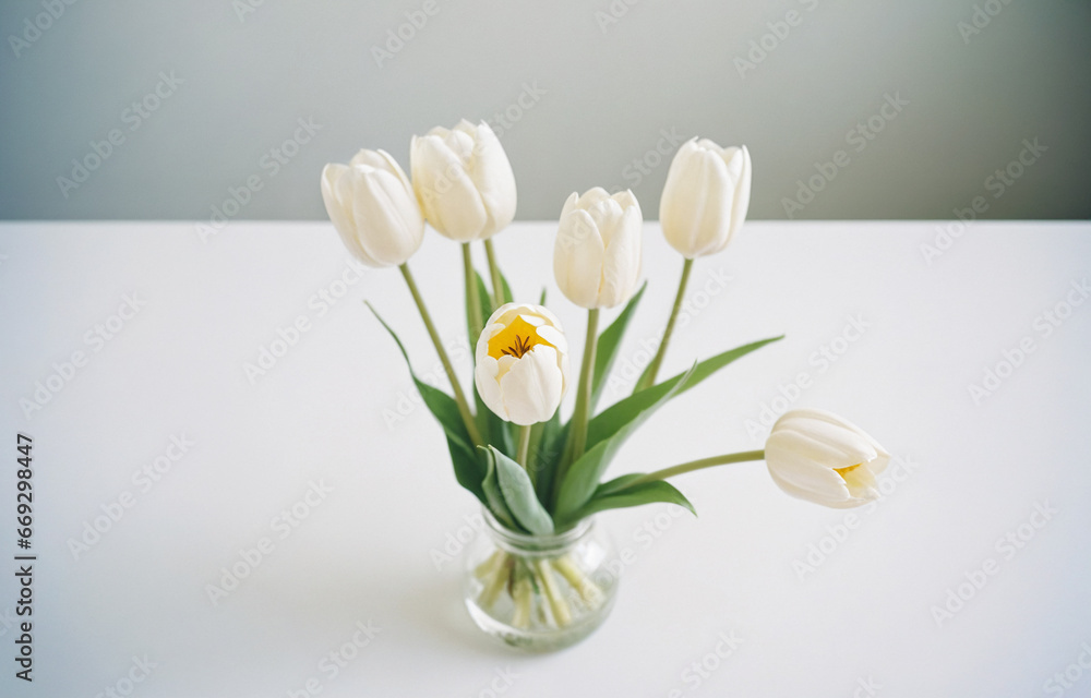 White tulip in glass Jar on table White tulip in glass Jar on table