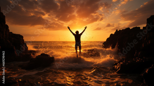 Man celebrating amidst waves at sunset