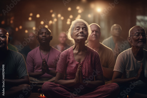 Multi cultural old people meditate together on a meditation course indoors in a retirement village