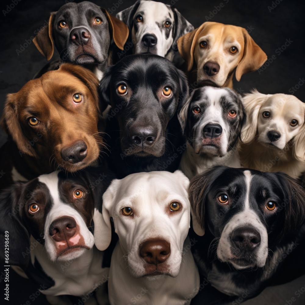 Multiple dogs different breeds close camera animal picture AI generated art