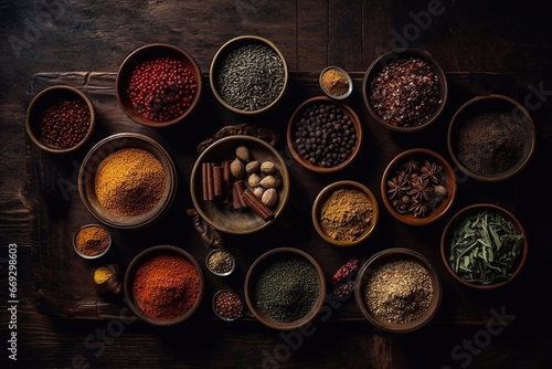 A set of various spices in bowls on a dark background. Generative AI.