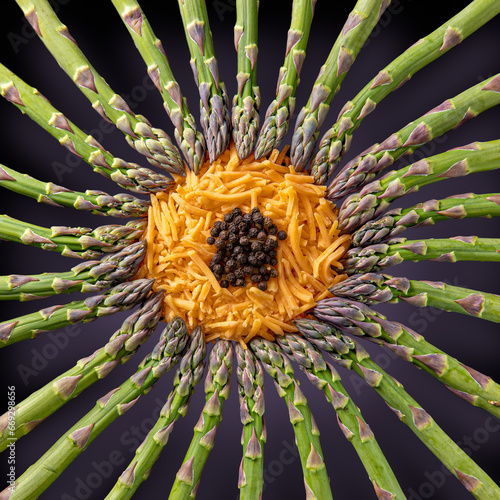 Asparagus arranged in a circular display with cheese and black pepper in the center.  Ornamental display isolated from the background.