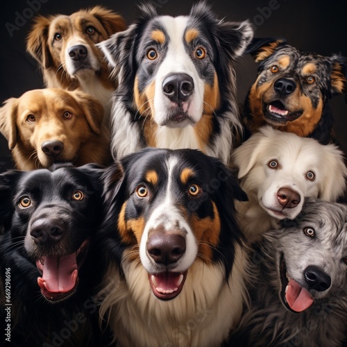 Multiple dogs different breeds close camera animal picture AI generated art © Biplob