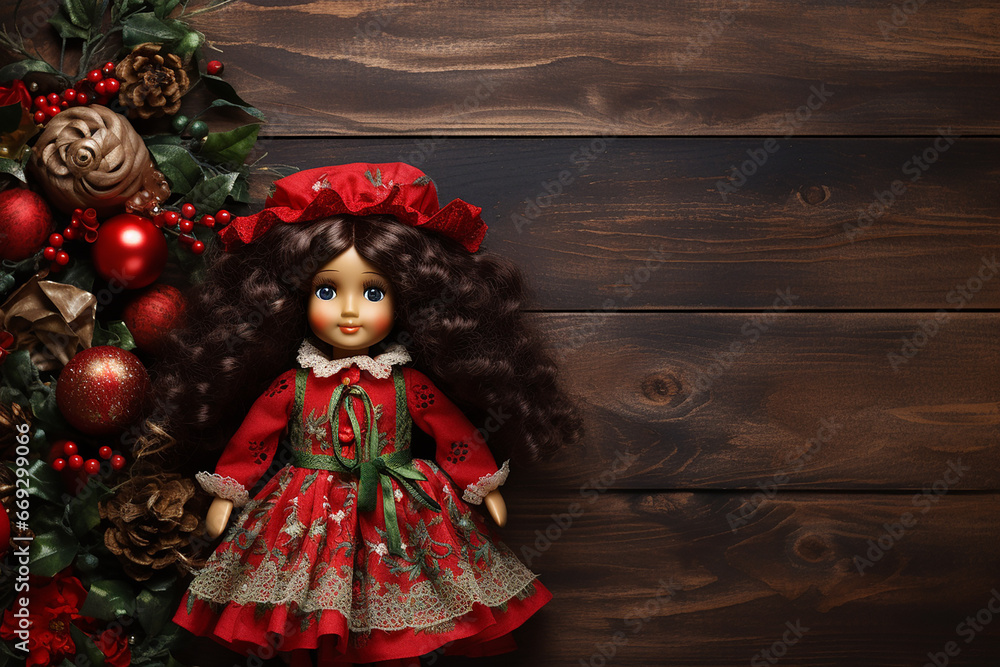 Doll on Christmas Wooden Background - Created with Generative AI Tools