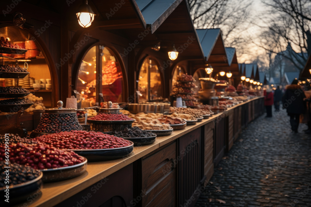 A bustling holiday market with stalls selling handmade crafts and seasonal goodies. Concept of Christmas markets. Generative Ai. - obrazy, fototapety, plakaty 
