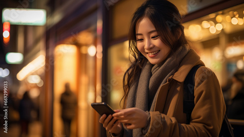 young smiling asian woman looking at her phone