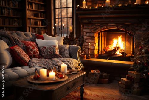 A cozy living room with a roaring fire, creating a warm and inviting atmosphere for Christmas celebrations. Generative Ai.