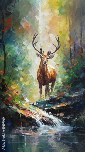 Oil painting abstract bright reflections stag stag print wallpaper image AI generated art © Biplob