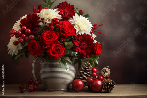 Festive Winter Flower Arrangement with Red Roses, White Chrysanthemum, and Berries in Vase on Table - Created with Generative AI Tools