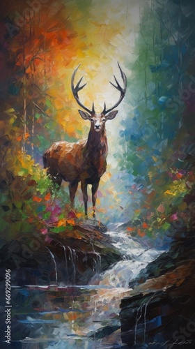 Oil painting abstract bright reflections stag stag print wallpaper image AI generated art