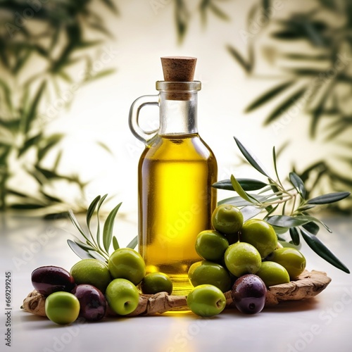 Olive oil bottle next small pile olive yellow illustration picture AI generated art