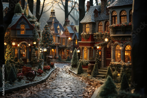 A stunning Christmas village display with miniature houses and figurines, evoking a sense of nostalgia. Generative Ai.