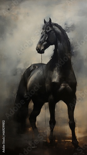 Painting black horse side view style animal oil painting photography image AI generated art