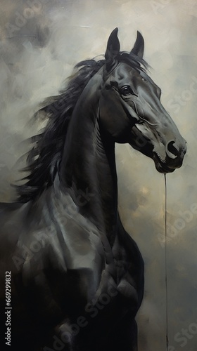 Painting black horse side view style animal oil painting photography image AI generated art © Biplob