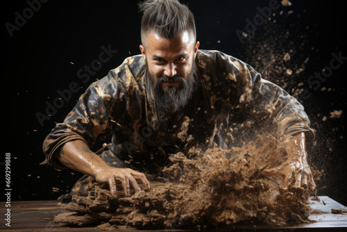 A martial artist breaking a stack of wooden boards with a powerful strike, illustrating martial arts expertise. Generative Ai.