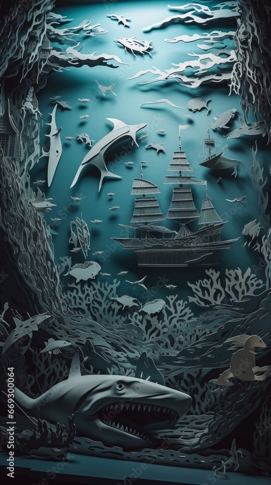 Paper cutout style sea battleships giant sharks illustration picture AI generated art