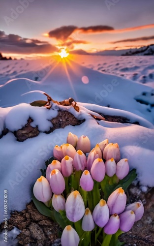 nature's spring awakening. the first flowers come out from under the snow and enjoy the sunshine