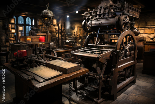 An old printing press in a historic newspaper museum, illustrating the evolution of journalism. Generative Ai. photo