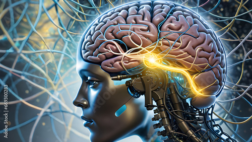 A ilustração  mostra um cérebro humano conectado a uma rede neural artificial  photo