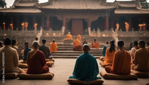 Tranquil Temple with Devoted Followers in Meditation