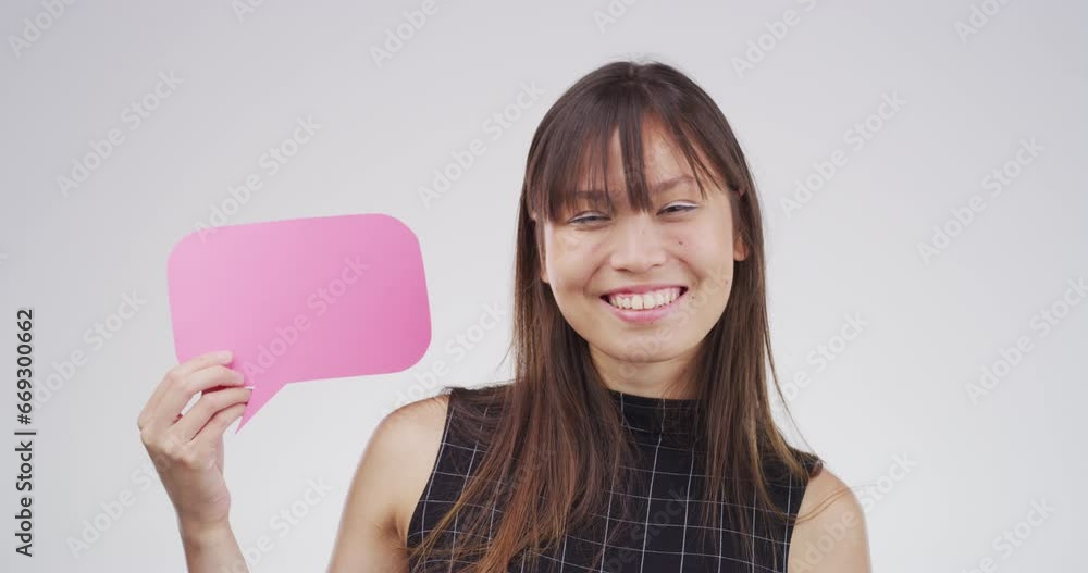 Woman, speech bubble and social media, news or announcement with language or chat translation in studio. Face, wow and excited Asian person with marketing presentation and quote on a white background