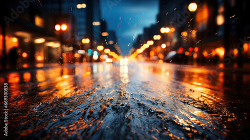 light in night city street with wet road after rain