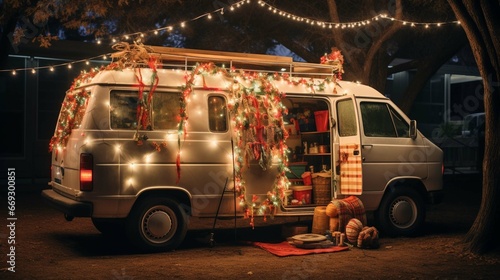Decorating old school white passenger van with Christmas lights. generative ai photo