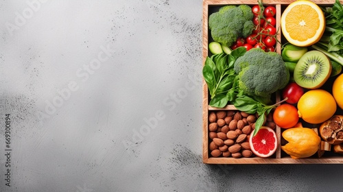 Healthy food clean eating selection in wooden box: fruit, vegetable, seeds, superfood, cereals, leaf vegetable on gray concrete background