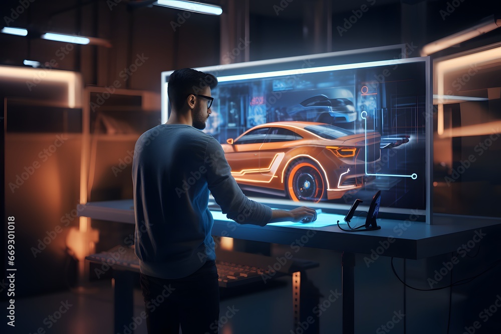 male car engineer creating a futuristic automotive car concept