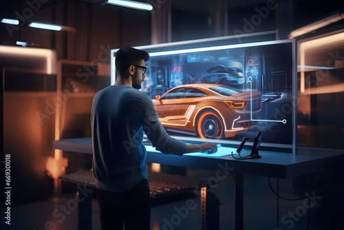 male car engineer creating a futuristic automotive car concept